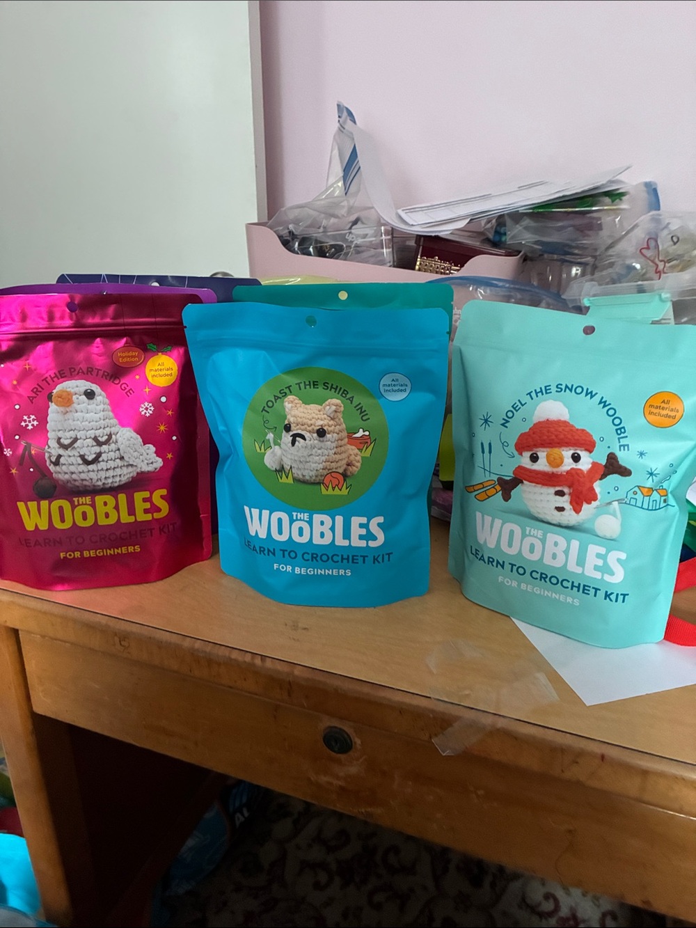 The Woobles Crochet Kits partridge snow Wooble and Shiba Inu